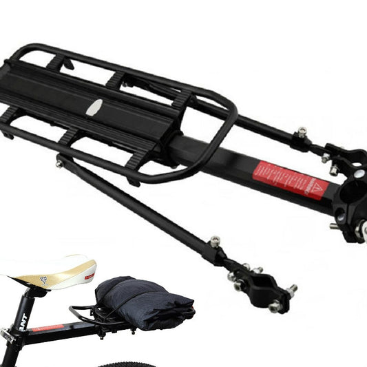 Black bicycle rear cargo shelf with metal rack and mounting hardware