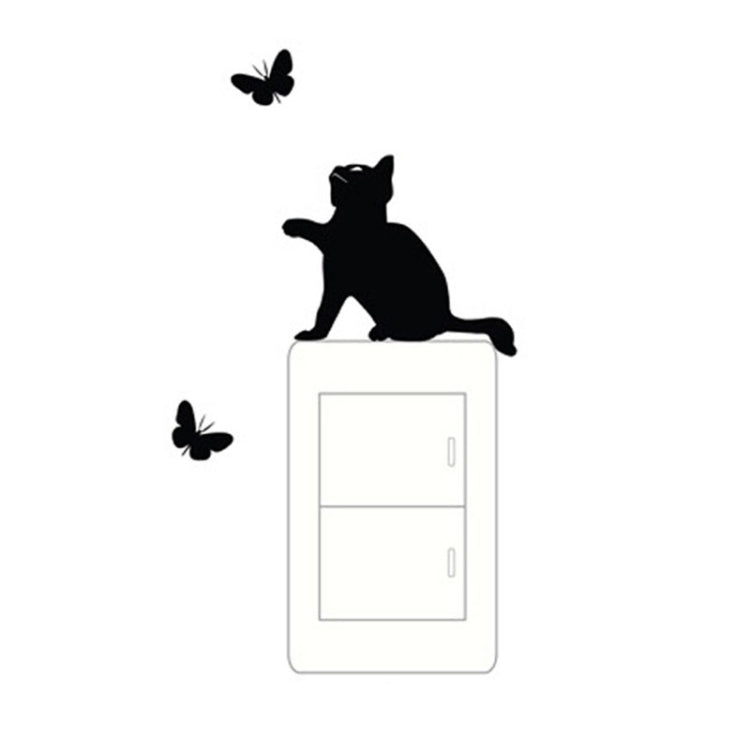 Cat and butterfly wall switch sticker set with black cat silhouette and 3 butterflies