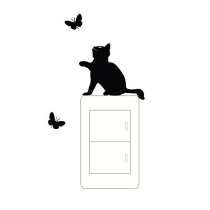 Cat and butterfly wall switch sticker set with black cat silhouette and 3 butterflies