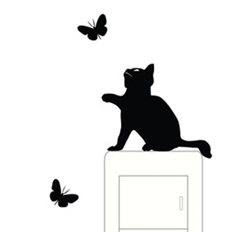 Cat and butterfly wall switch sticker with sitting black cat and 3 butterfly decals