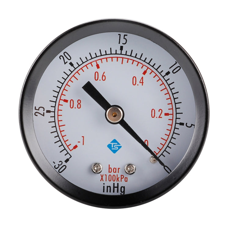 Black-cased pressure gauge with red needle and dial markings, front view
