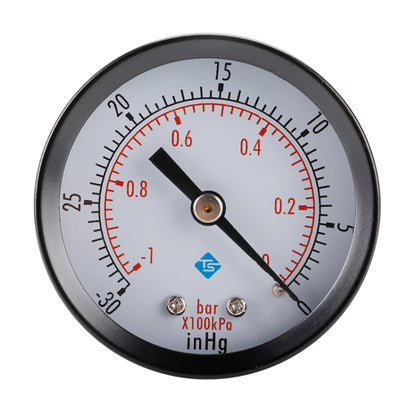 Black-cased pressure gauge with red needle and dial markings, front view