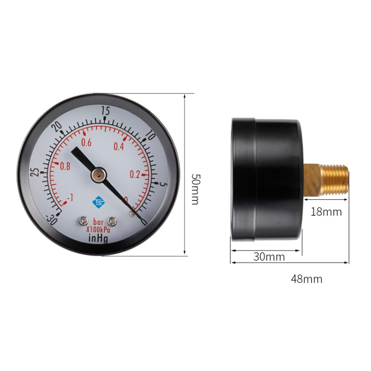 Mini pressure gauge with black housing and threaded brass fitting, side view