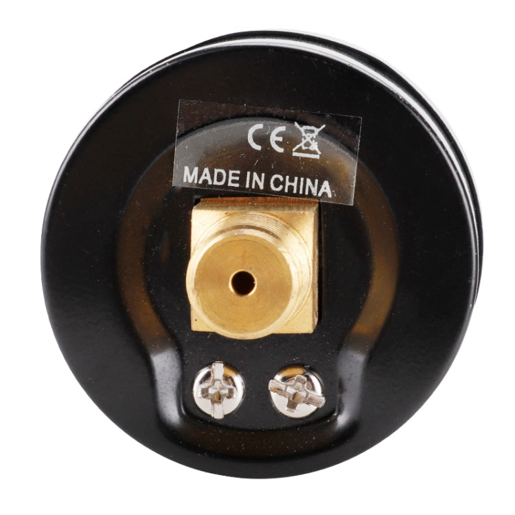 Back of mini pressure gauge with brass inlet and two mounting screws, black casing