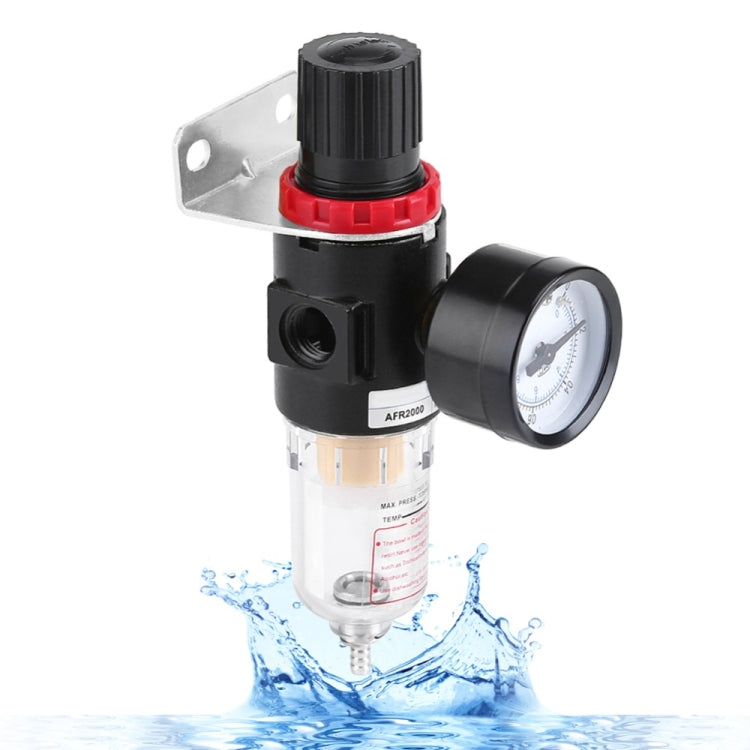 Air compressor moisture separator with pressure gauge, clear bowl, black/red body