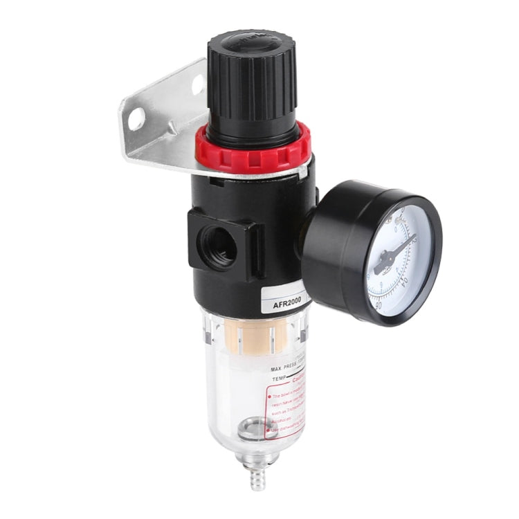 Air compressor moisture separator with pressure gauge, clear filter bowl, black/red top
