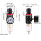Air compressor moisture separator showing pressure gauge and clear bowl with size measurements