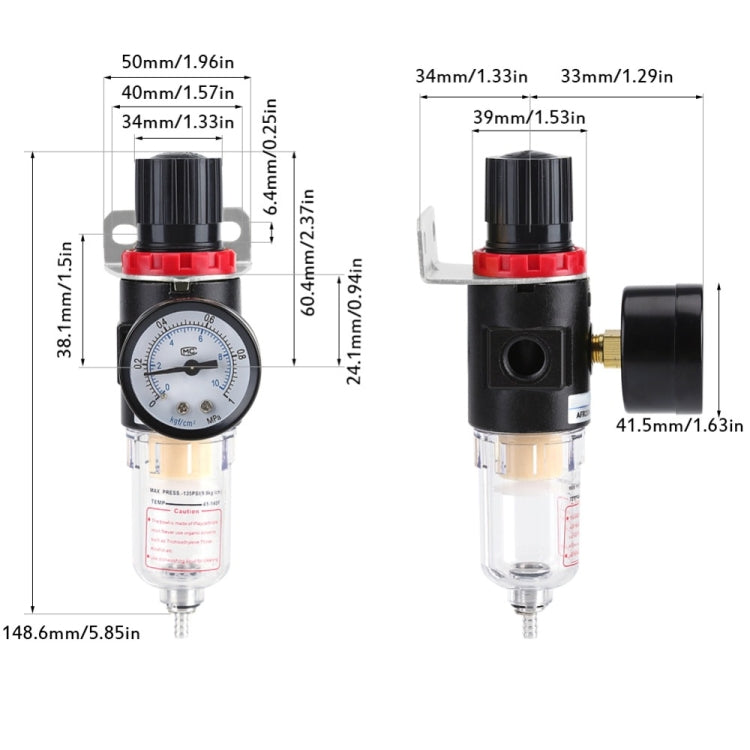 Air compressor moisture separator showing pressure gauge and clear bowl with size measurements