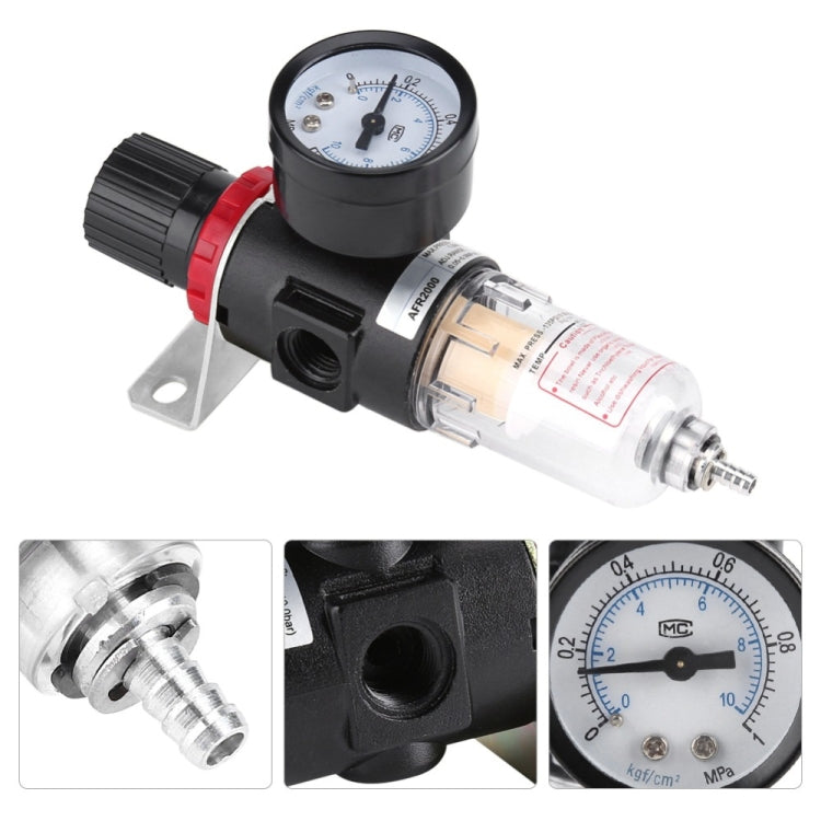 Air compressor moisture separator with pressure gauge, clear filter, and product detail insets