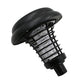 Black mosquito killer lamp head with curved cap and close-up of front metal grille