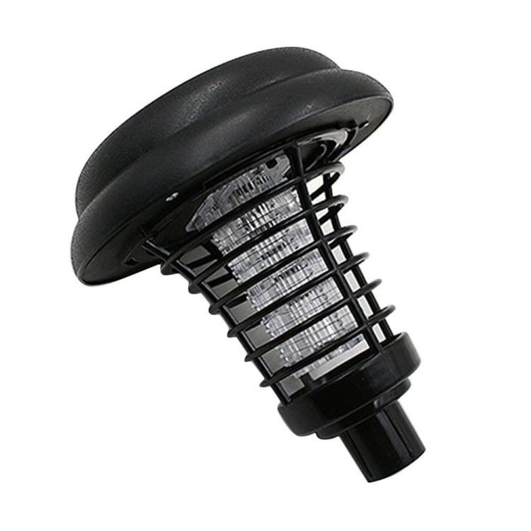 Black mosquito killer lamp head with curved cap and close-up of front metal grille
