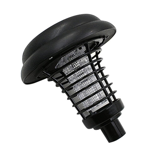 Black mosquito killer lamp head with curved cap and close-up of front metal grille