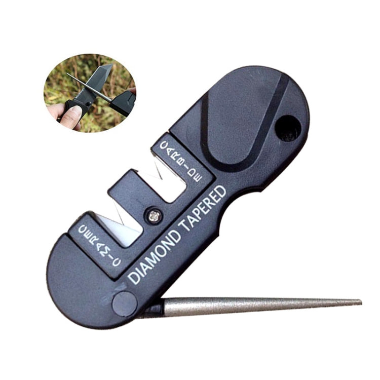 Diamond-tapered knife sharpener with dark blue body and metal sharpening rod