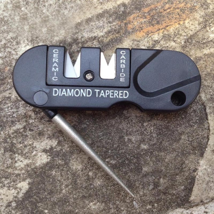 Diamond-tapered knife sharpener with engraved guide slots, dark blue body and rod