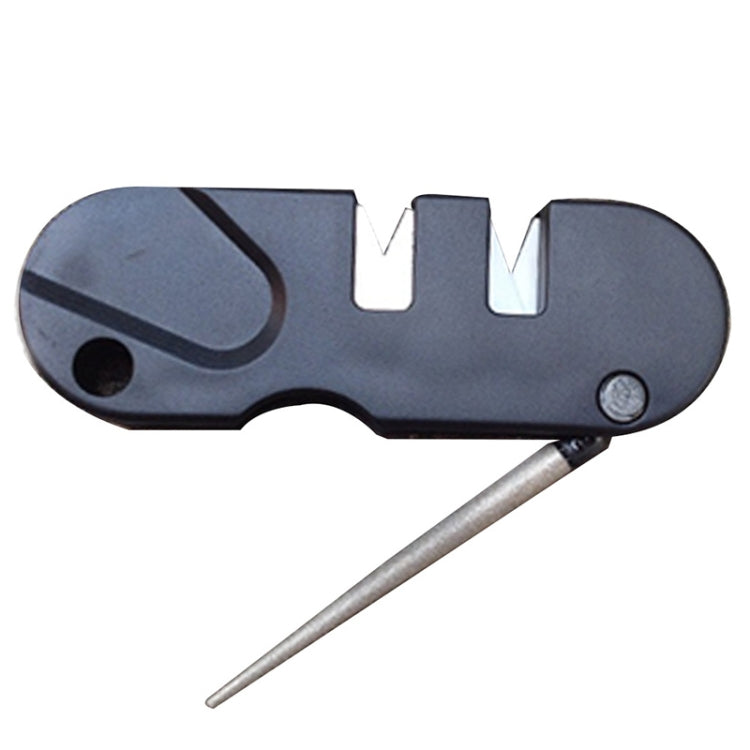 Portable diamond-tapered knife sharpener with dark blue body and pointed metal rod