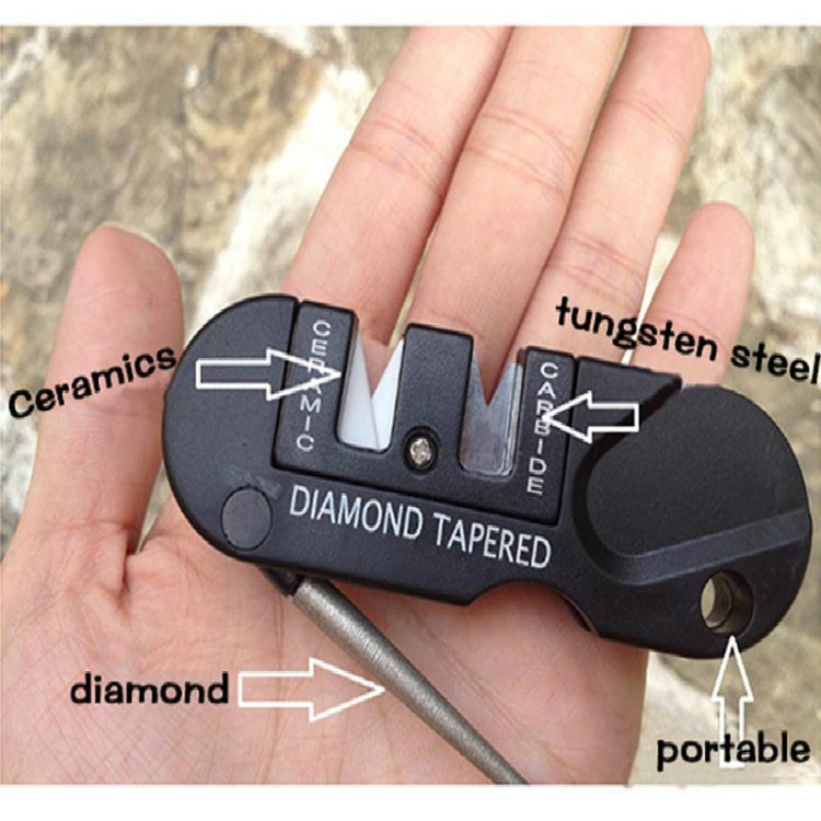 Handheld diamond-tapered knife sharpener with black body and tungsten steel markings