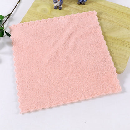 Pink microfiber face towel with scalloped edge, soft plush texture