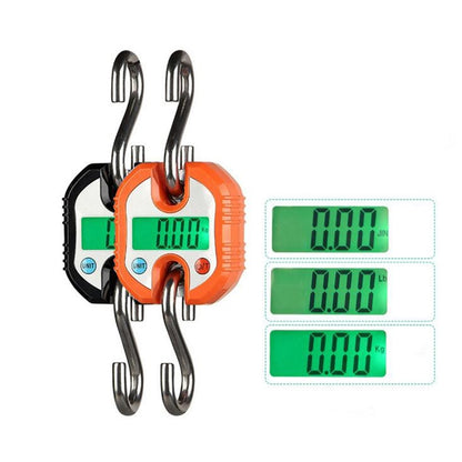 Orange portable digital hook scale with green LCD display and dual metal hooks