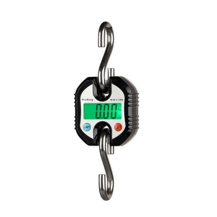 Black portable digital hook scale with green LCD and two hanging metal hooks