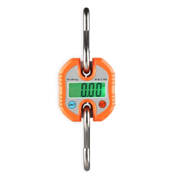 Orange portable digital hook scale with green LCD and single top hanging hook