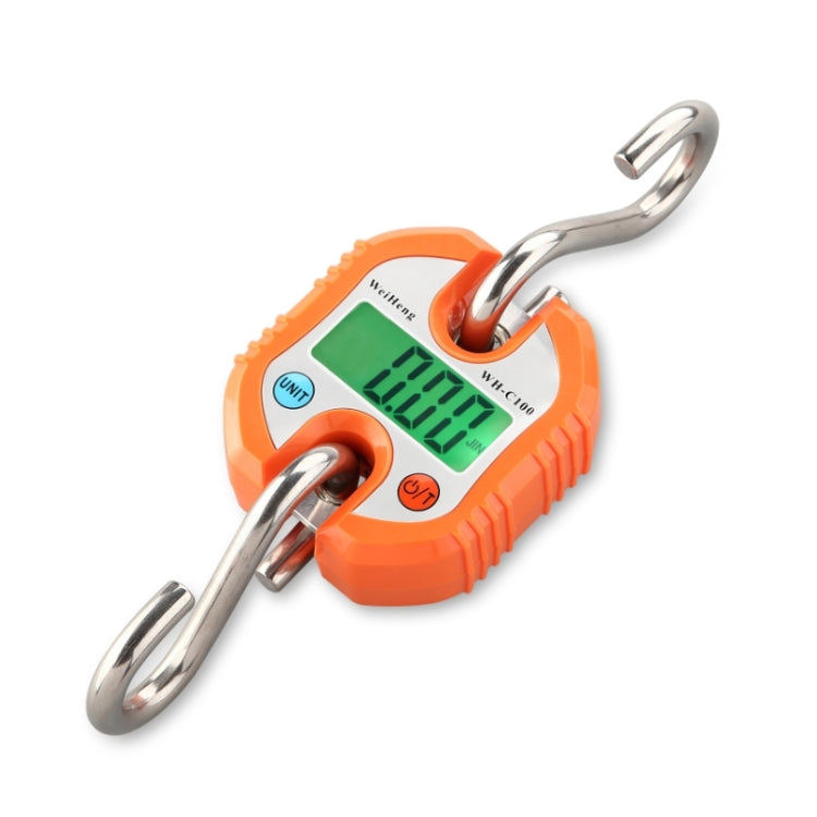 Orange portable digital hook scale with green LCD and two curved metal hooks