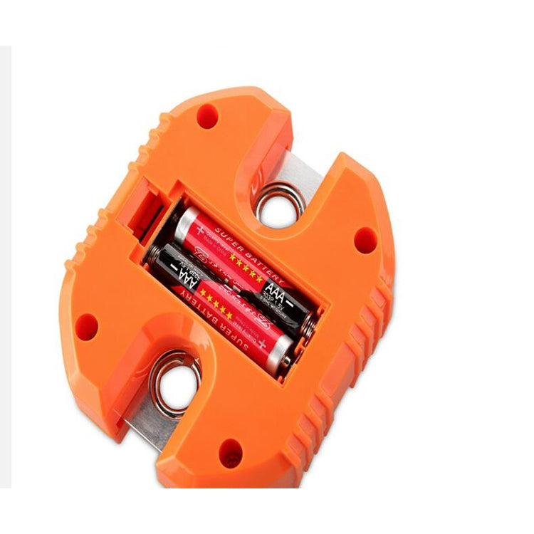 Orange mini digital hook scale battery compartment showing AAA batteries