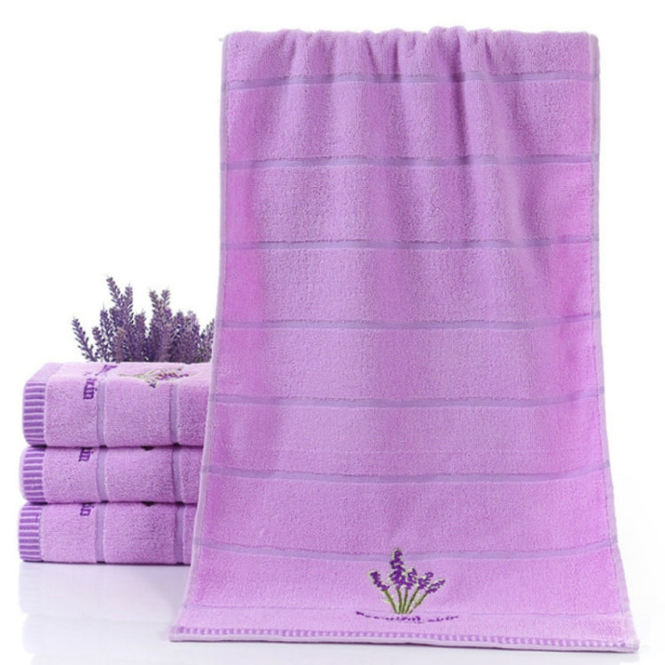 Lavender cotton face towel with striped terry weave and embroidered lavender sprig at hem