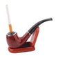 Red speckled resin smoking pipe with black mouthpiece on wooden stand