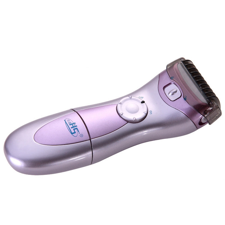 Purple-and-silver electric epilator with wide grooming head and grip handle