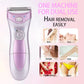 Purple handheld electric hair remover with dual-use trimmer head and body zone icons
