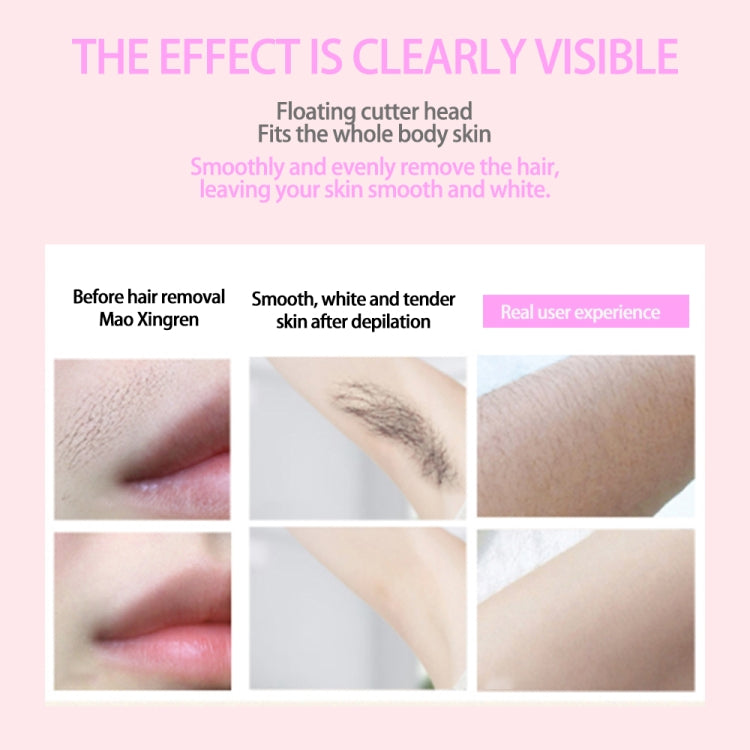 Electric hair remover with floating cutter head; skin before-and-after comparison