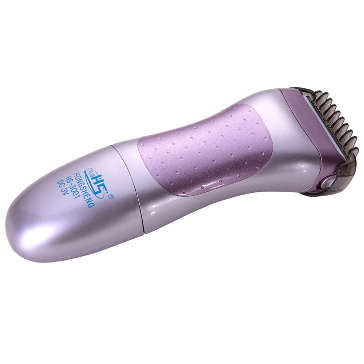 Close-up electric epilator with rounded purple-and-silver handle and foil head