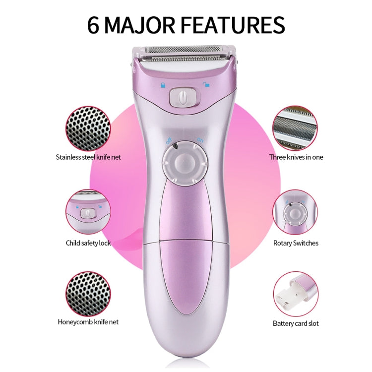 Electric epilator with foil trimmer head and rotary switch on purple-and-silver body