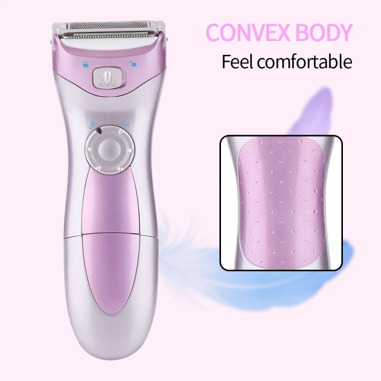 Electric epilator with curved purple-and-silver body and foil trimmer head