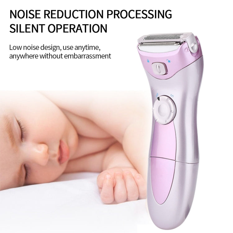 Electric epilator with purple-and-silver body, rotary dial, and foil trimmer head