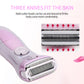 Three-foil electric epilator cutter head with purple-and-silver handle