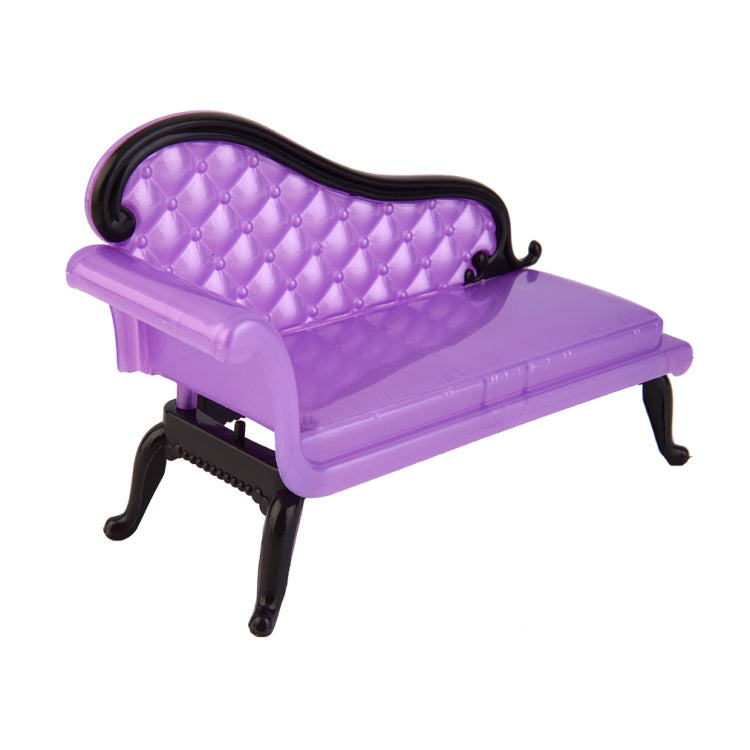Purple plastic doll sofa, side view with tufted back and black legs