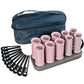 Electric hair curling roller set with navy zip case, pink rollers on gray base, black clips