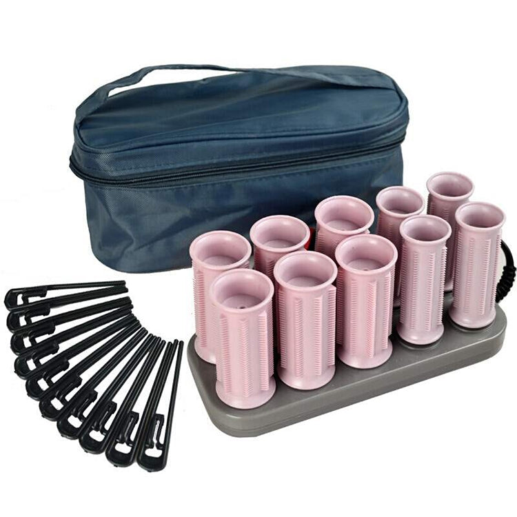Electric hair curling roller set with navy zip case, pink rollers on gray base, black clips