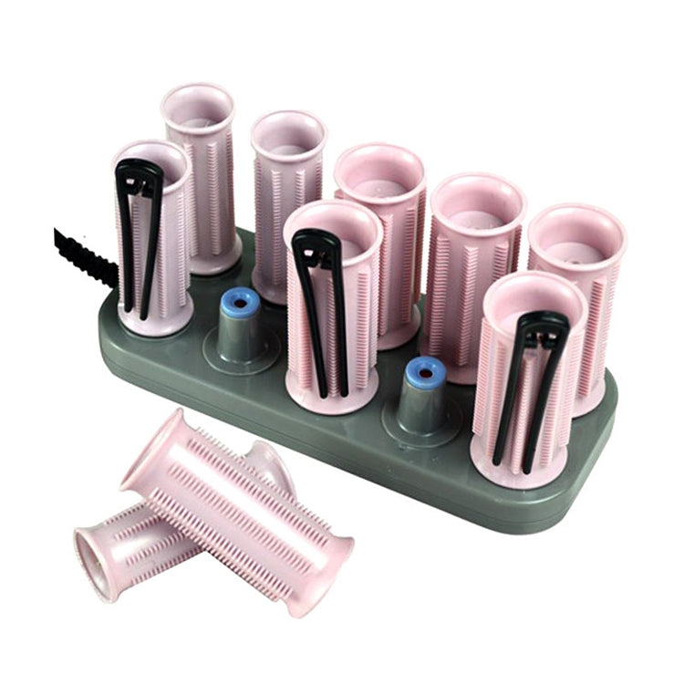 Heated hair curling rollers on gray base with pink tubes, black clamps, and blue tips