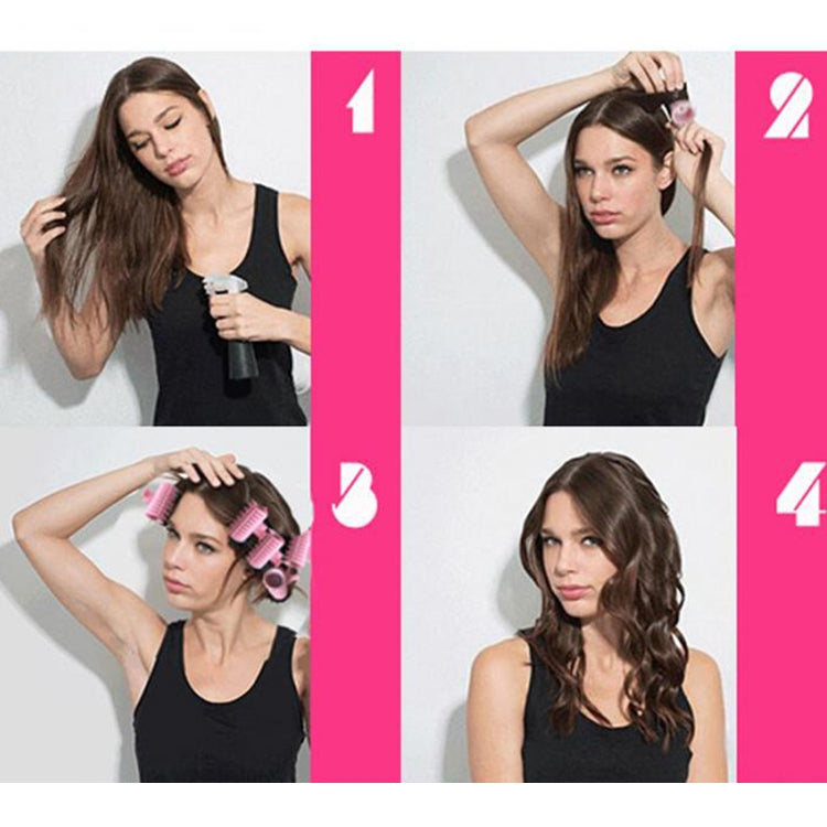 Woman styling hair with pink heated curling rollers for loose curls