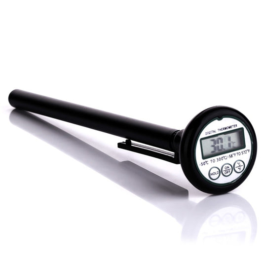 Black digital probe thermometer with round LCD display and long stem
