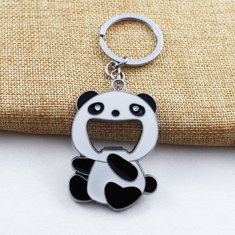 Panda-shaped metal bottle opener keychain with split key ring