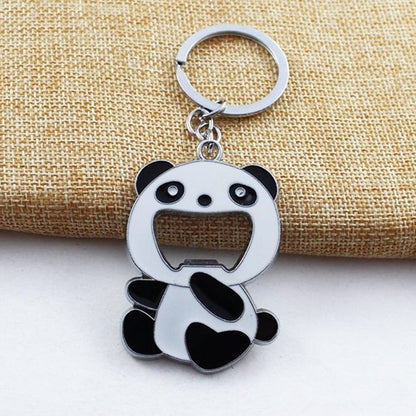 Panda-shaped metal bottle opener keychain with split key ring