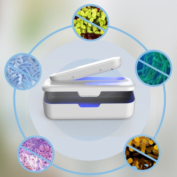 White sterilization box with blue UV light, ozone disinfection design