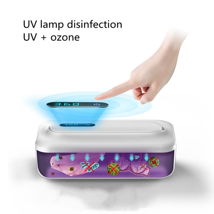 White sterilization box with blue-lit lid for UV and ozone disinfection