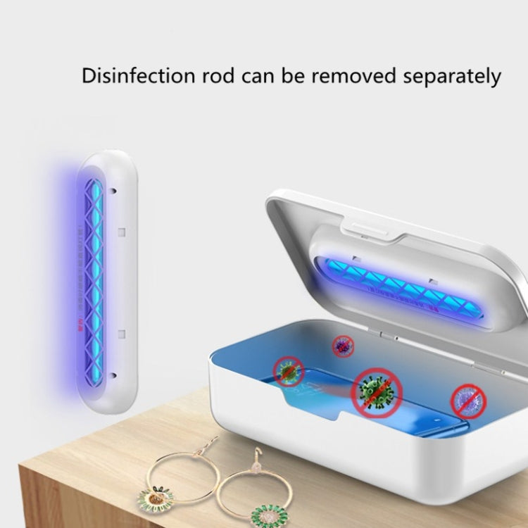 Open white sterilization box with blue UV light and removable disinfection rod
