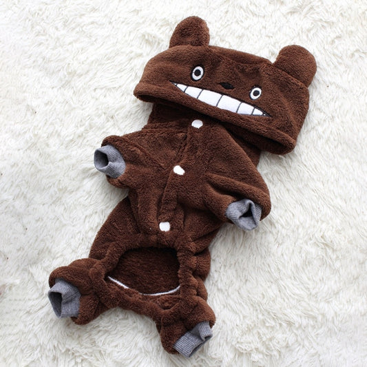 Brown chinchilla fleece dog costume with hood, paw pads, and cartoon face details.