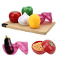 Colorful fruit and vegetable storage containers, assorted shapes on a wooden tray