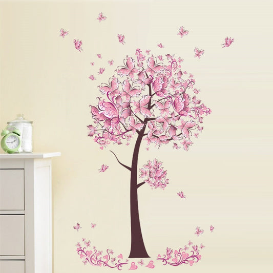Pink floral tree wall sticker with butterfly accents and decorative vine border